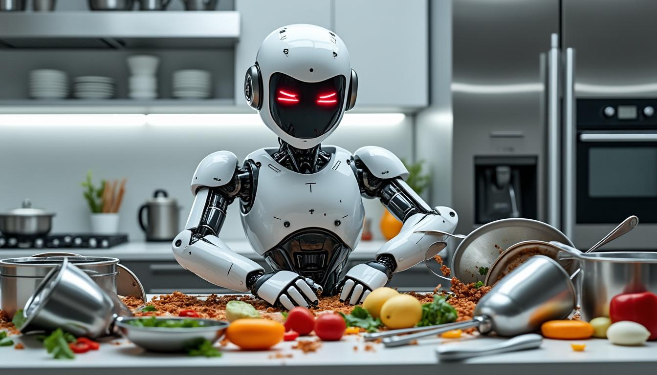 découvrez une vidéo incroyable où un robot cuisinier perd le contrôle et sème la pagaille dans une maison, transformant une préparation culinaire en véritable désastre domestique !