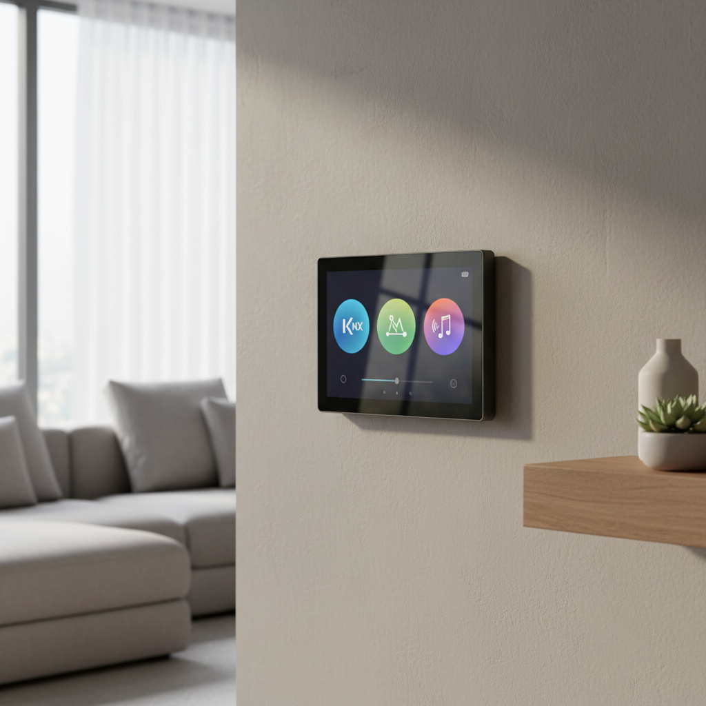 découvrez home touch, l'écran tactile mural compact qui simplifie le contrôle de votre domotique knx, matter et sonos pour une maison connectée et intuitive.