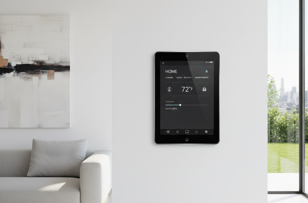 découvrez home touch, l'écran tactile mural compact qui vous permet de contrôler facilement votre domotique knx, matter et sonos pour une maison connectée intuitive et moderne.