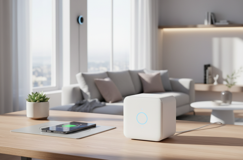 découvrez la samsung smartthings station, le hub domotique compatible matter avec recharge rapide intégrée pour une maison connectée simplifiée et performante.