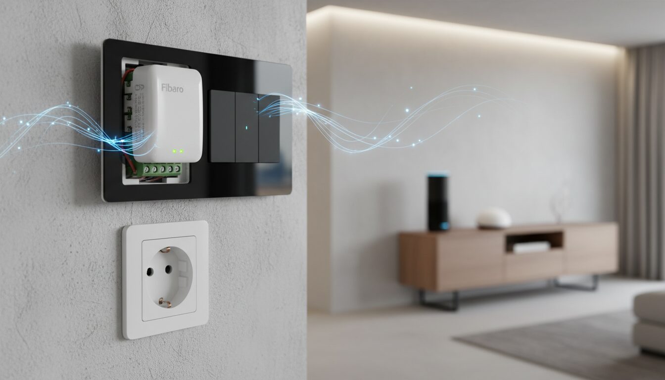 découvrez le module relais fibaro fibefgs-223, un dispositif z-wave intelligent 110-230v compatible alexa, idéal pour contrôler lumières et prises dans votre maison connectée.