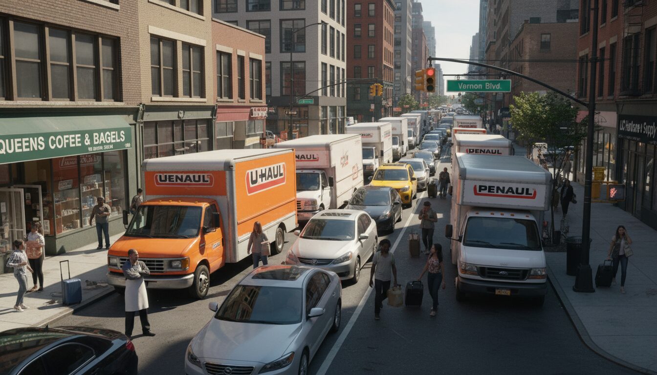 les camions de location stationnés en grand nombre dans les rues de queens causent des perturbations majeures aux commerces de long island city, affectant l'activité locale et la circulation.