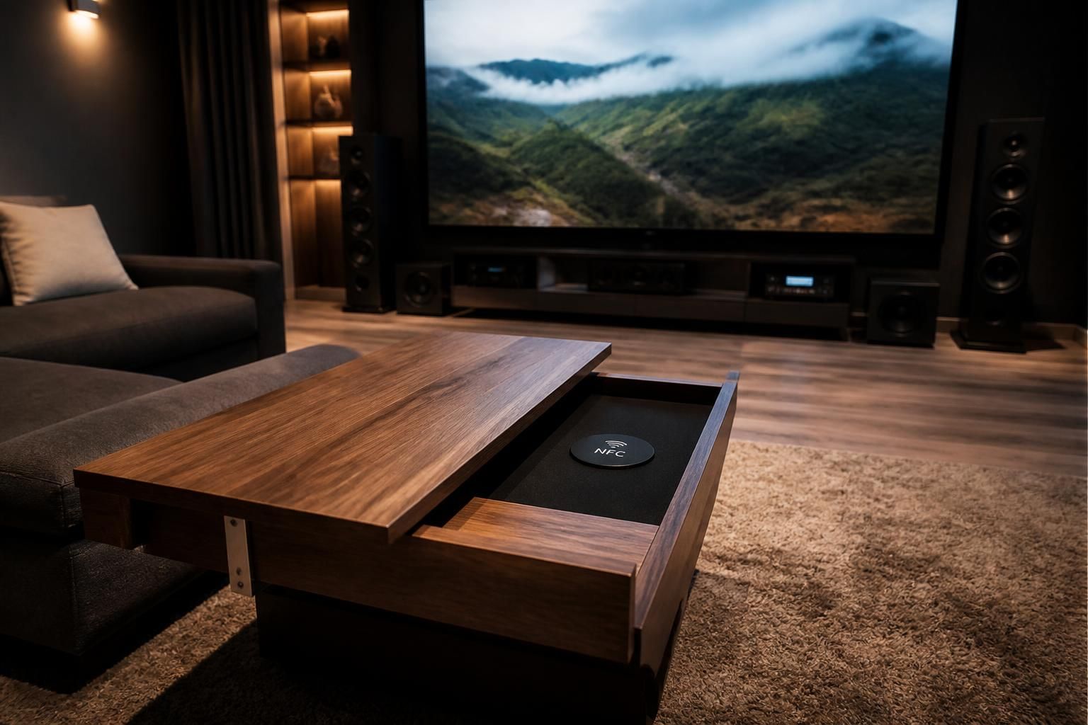 découvrez comment une table basse équipée de la technologie nfc permet de contrôler facilement toute votre installation de cinéma maison grâce à une astuce simple et innovante.