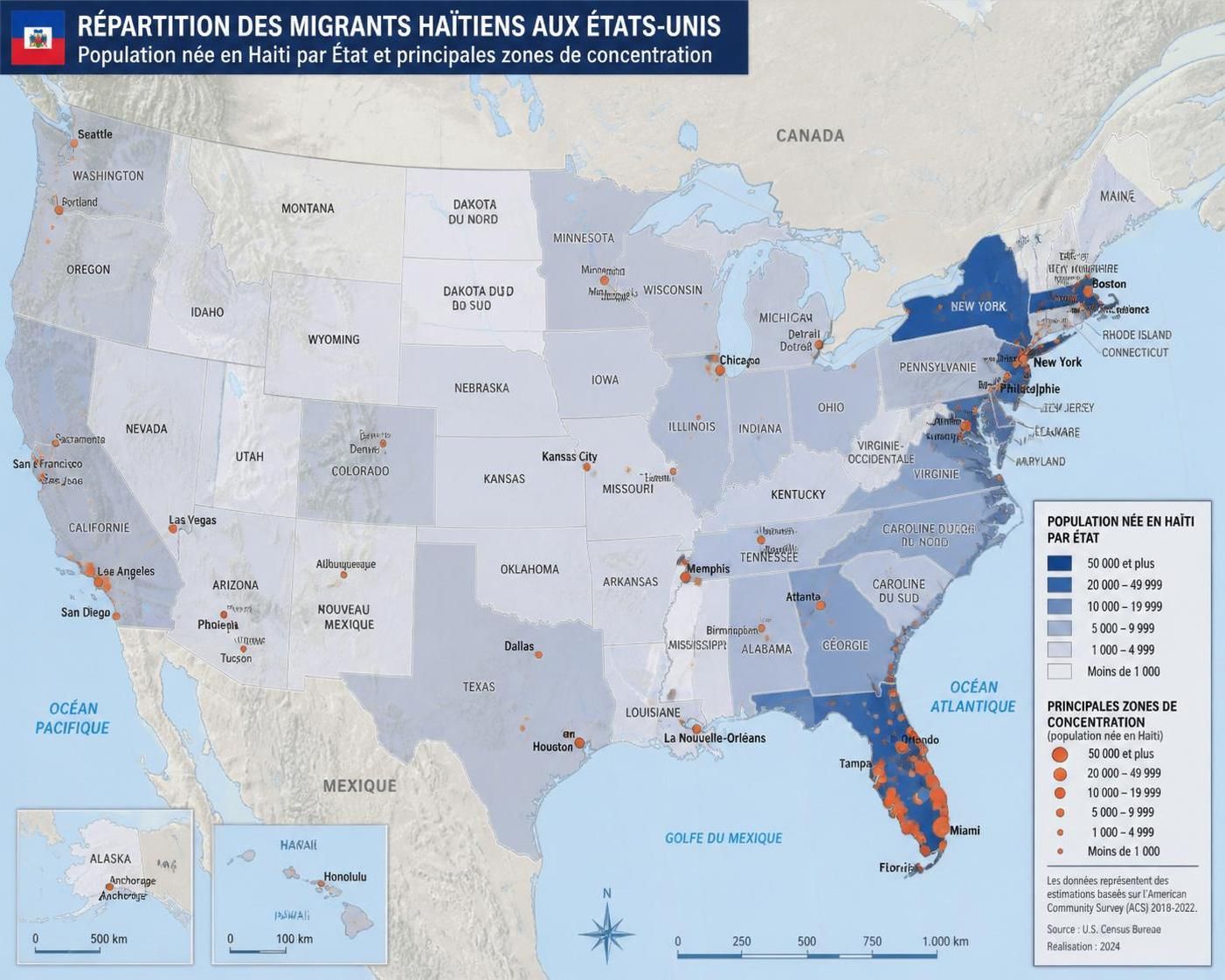 découvrez une carte détaillée illustrant les états américains accueillant le plus de migrants haïtiens à la fin du programme de protection temporaire (tps), mettant en lumière les régions les plus impactées.