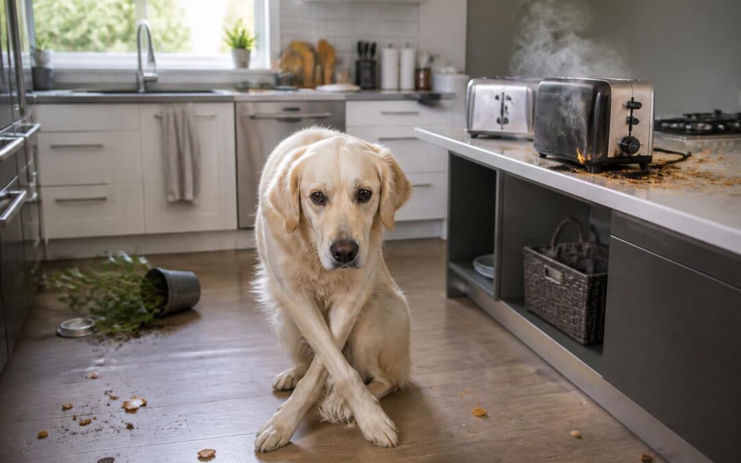 découvrez l'incroyable histoire d'un chien qui, en s'emmêlant les pattes, active un grille-pain en l'absence de ses maîtres, provoquant un important dégât dans la maison.