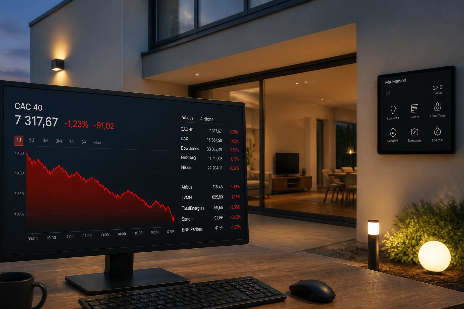 le dow en forte baisse de près de 500 points, impacté par les importantes pertes des actions caterpillar et home depot, affectant le marché financier.