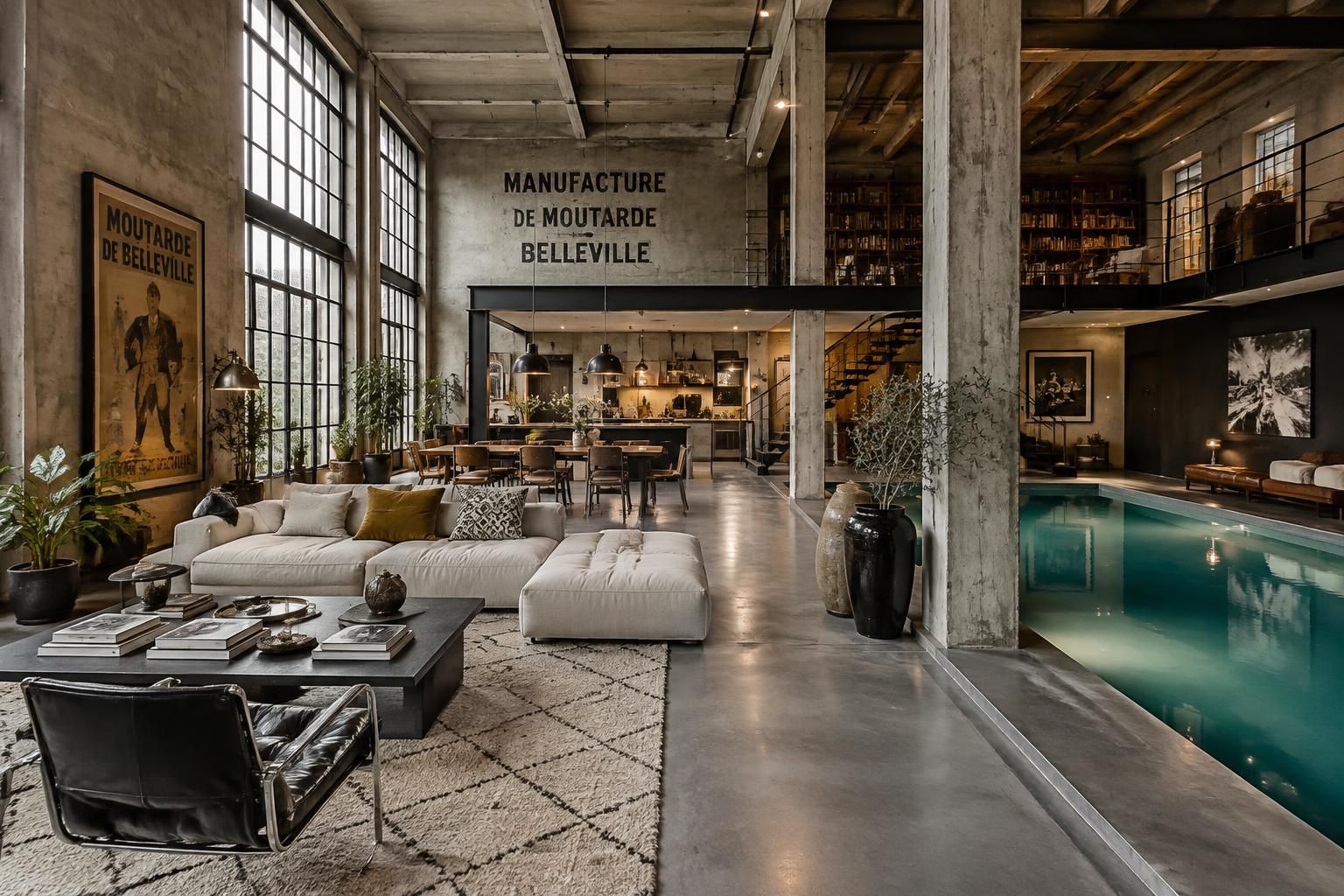 à paris, découvrez un loft spectaculaire de 3 000 m² aménagé dans une ancienne usine, avec piscine et domotique.